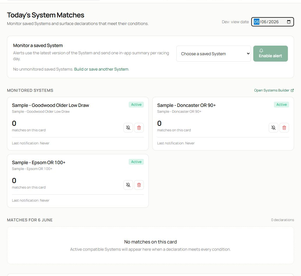 The monitored-systems area showing the date, active alert cards and daily match summary.