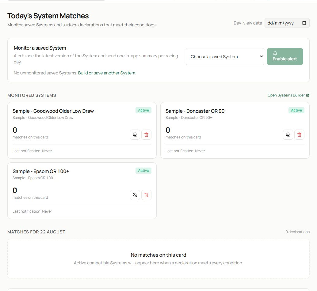 The Alerts page showing the date, saved-system selector and monitored-system cards.