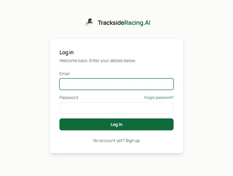 The TracksideRacing.AI login form showing email, password, recovery and login controls.