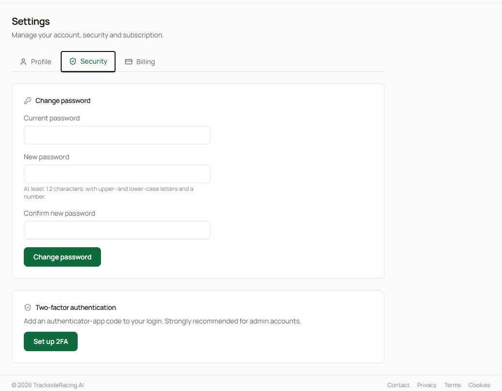 The Settings security page showing the tab, password form and two-factor authentication panel.