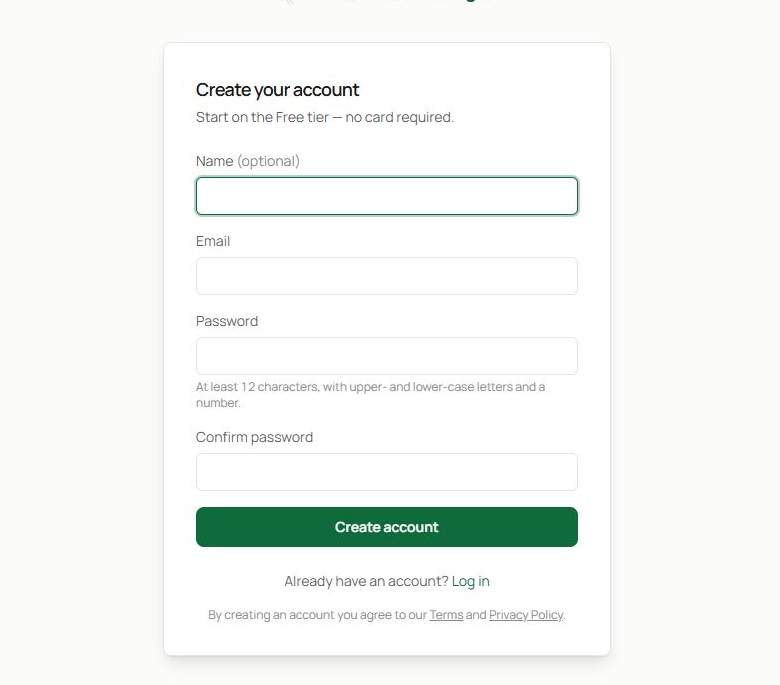 The TracksideRacing.AI sign-up form showing the account fields and Create account button.